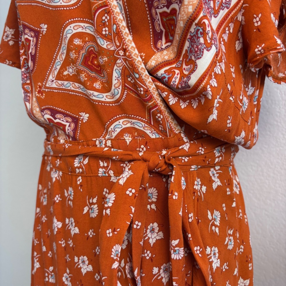 Bohemian‎ Floral Wrap Maxi Dress, Size Large Rust Orange Paisley Hippie Prairie - Picture 15 of 16